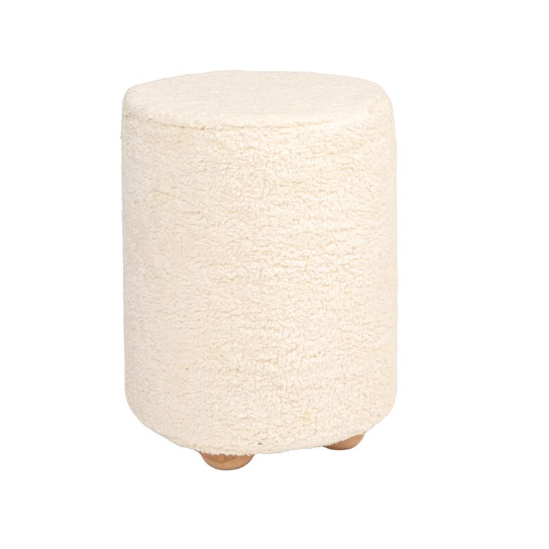 Round Sherpa Upholstered Pouf with Pine Wood Feet, Cream and Natural image number 0