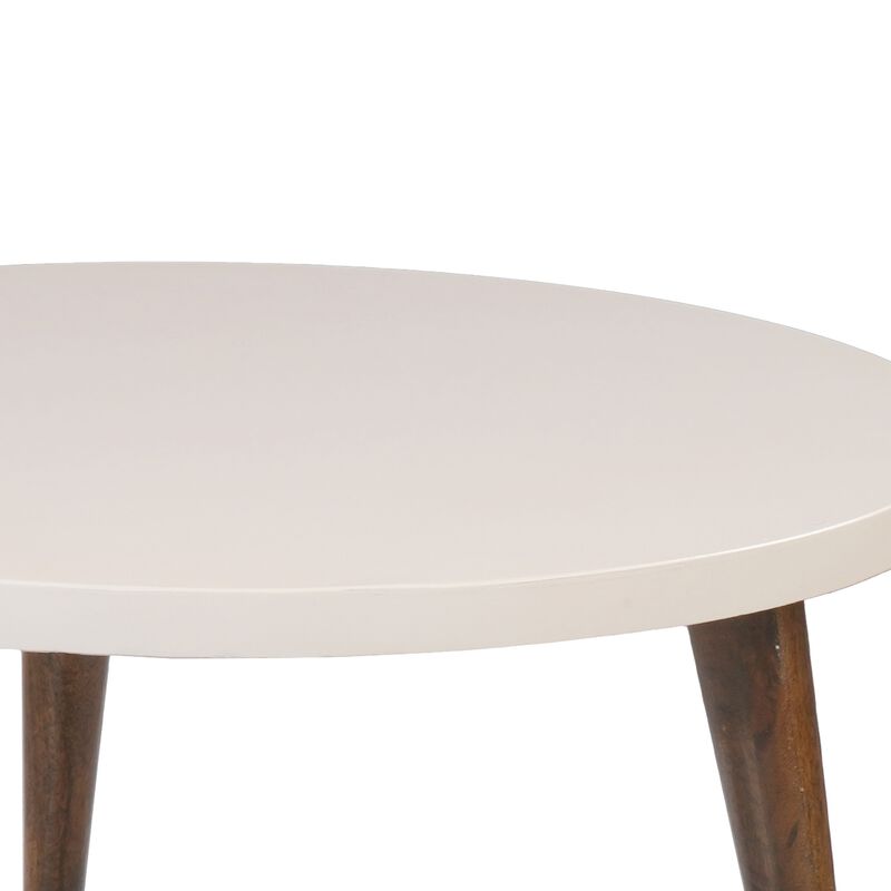 24 Inch Modern Coffee Table, Round Off White MDF Top, Tapered Brown Mango Wood Legs-Benzara