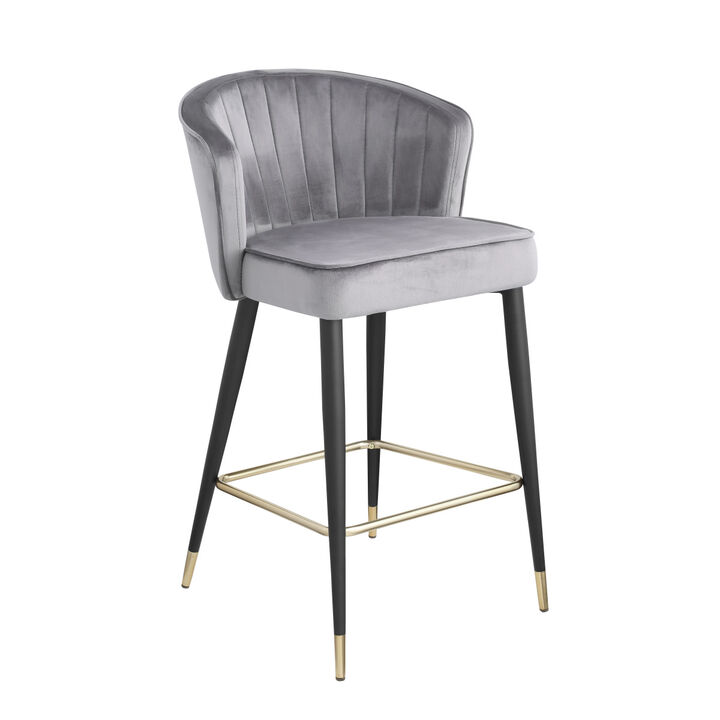 Contemporary Velvet Upholstered Counter Height Stool with Deep Channel Tufting and Gold Tipped, Black Metal Legs, 20" W x 21" D x 36.5" H, Gray