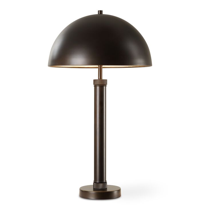 Modern Accent Table Lamp, Dome Shade, Gold Edge, Black Metal Round Base - Benzara