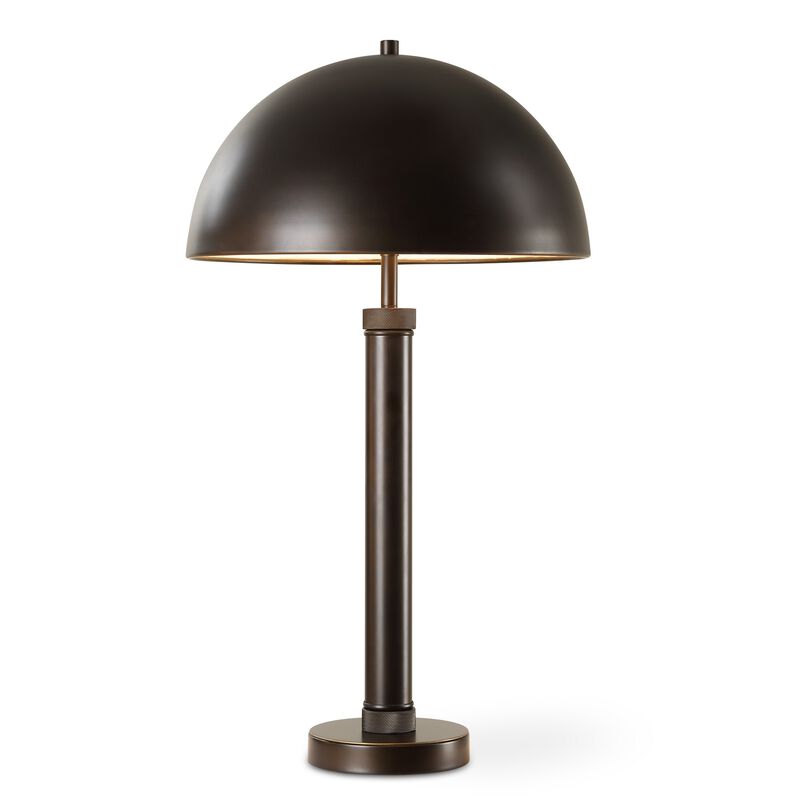Modern Accent Table Lamp, Dome Shade, Gold Edge, Black Metal Round Base - Benzara