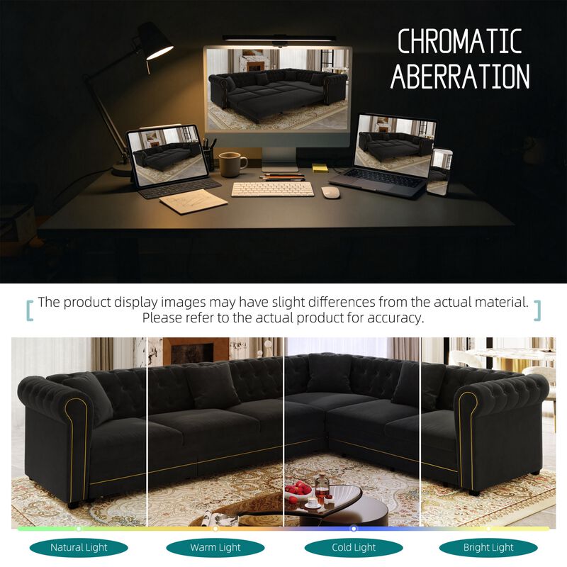 Gorheg Velvet L‑Shaped Chesterfield Sectional Sleeper Sofa image number 3