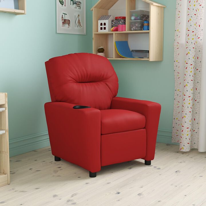 Flash Furniture Chandler Vinyl Kids Recliner with Cup Holder and Safety Recline, Contemporary Reclining Chair for Kids, Supports up to 90 lbs., Red