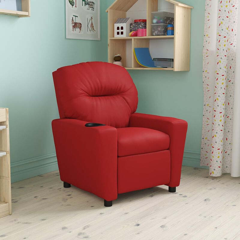 Flash Furniture Chandler Vinyl Kids Recliner with Cup Holder and Safety Recline, Contemporary Reclining Chair for Kids, Supports up to 90 lbs., Red