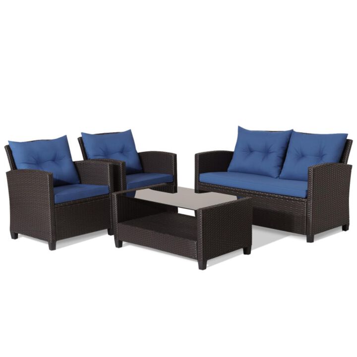 Hivvago 4 Pieces Patio Rattan Furniture Set with Tempered Glass Coffee Table