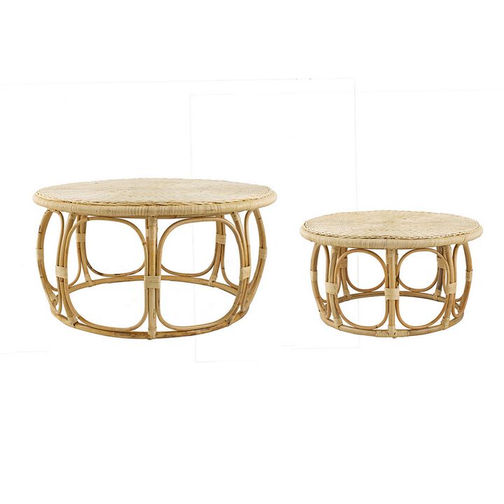 32, 40 Inch Coffee Table Set of 2, Round Tops, Handwoven Rattan, Brown