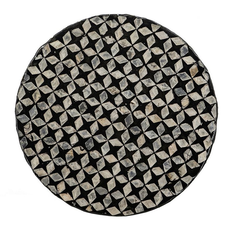 20 Inch Capiz Accent Stool Table, Cylindrical Geometric, Silver, Black