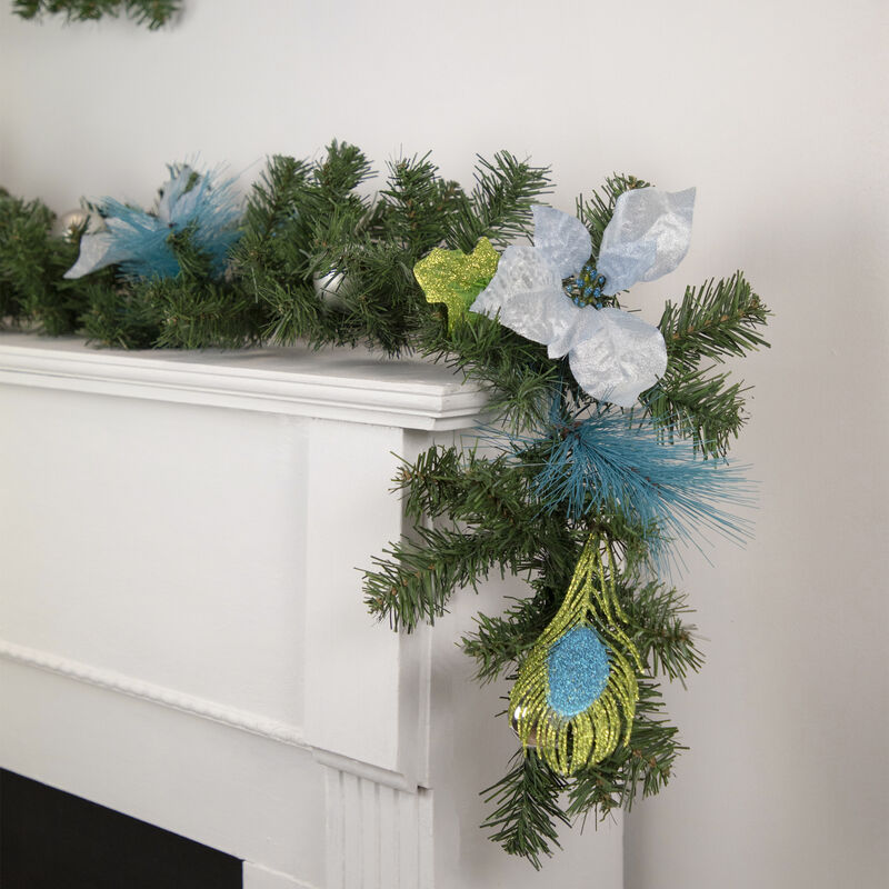 6' x 9" Peacock Feather and Poinsettia Artificial Christmas Garland  Unlit