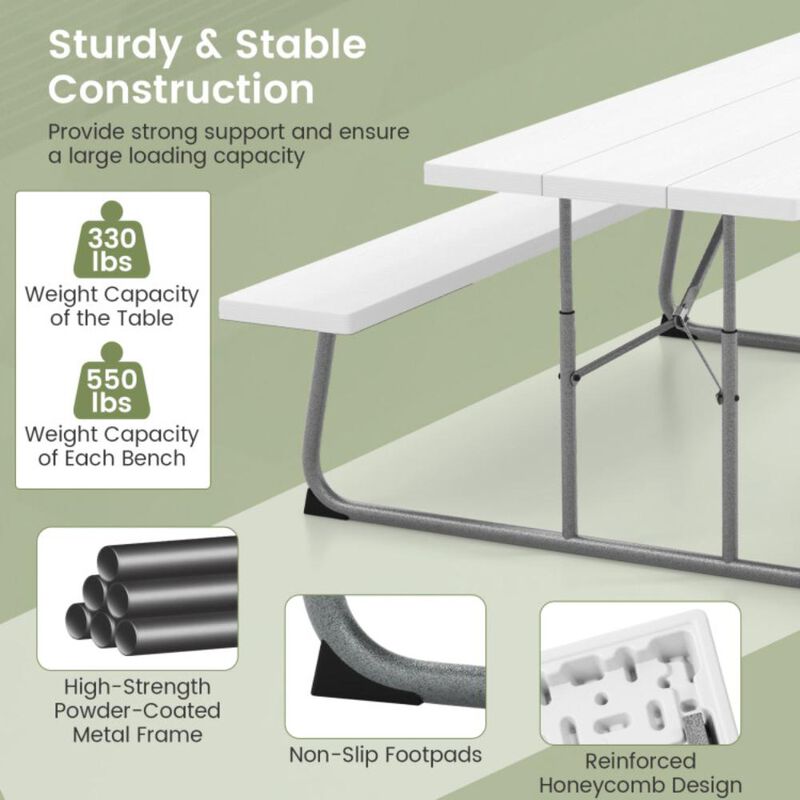 Hivvago Folding Picnic Table Set with Metal Frame and All-Weather HDPE Tabletop, Umbrella Hole