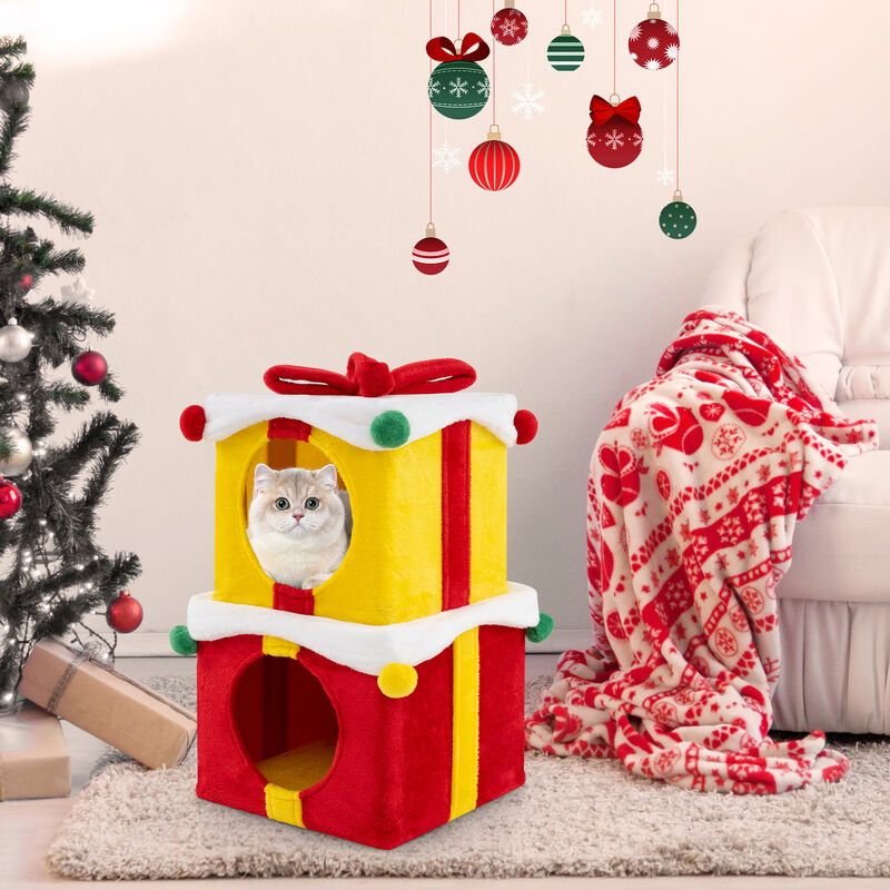 Christmas Cat House Set &ndash; 2 Gift Box Shaped Houses with Decorative Bow image number 6