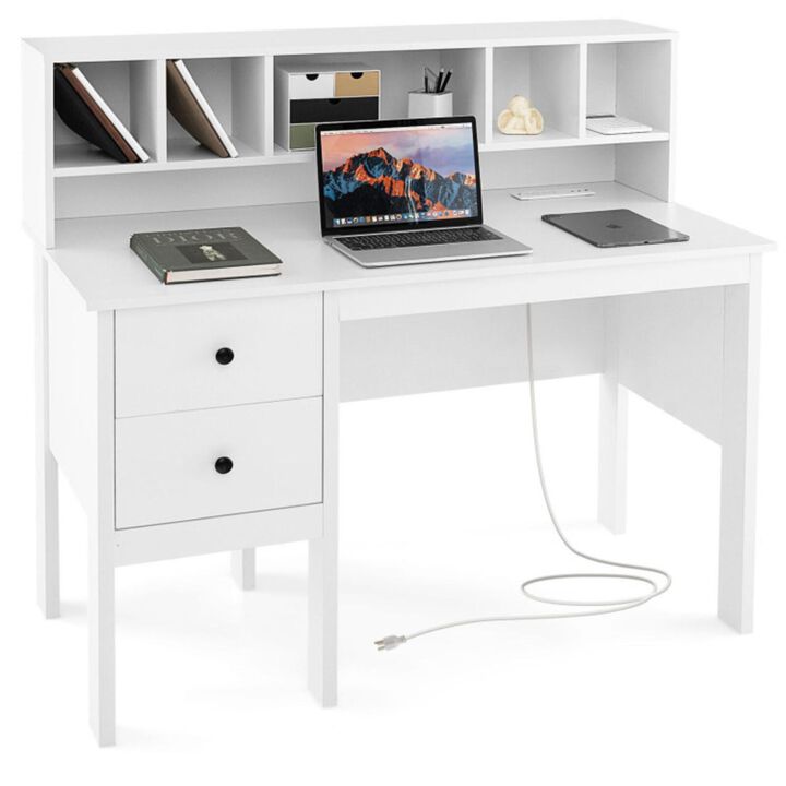 Hivvago 48 Inch Computer Desk with Drawers Power Outlets and 5-Cubby Hutch