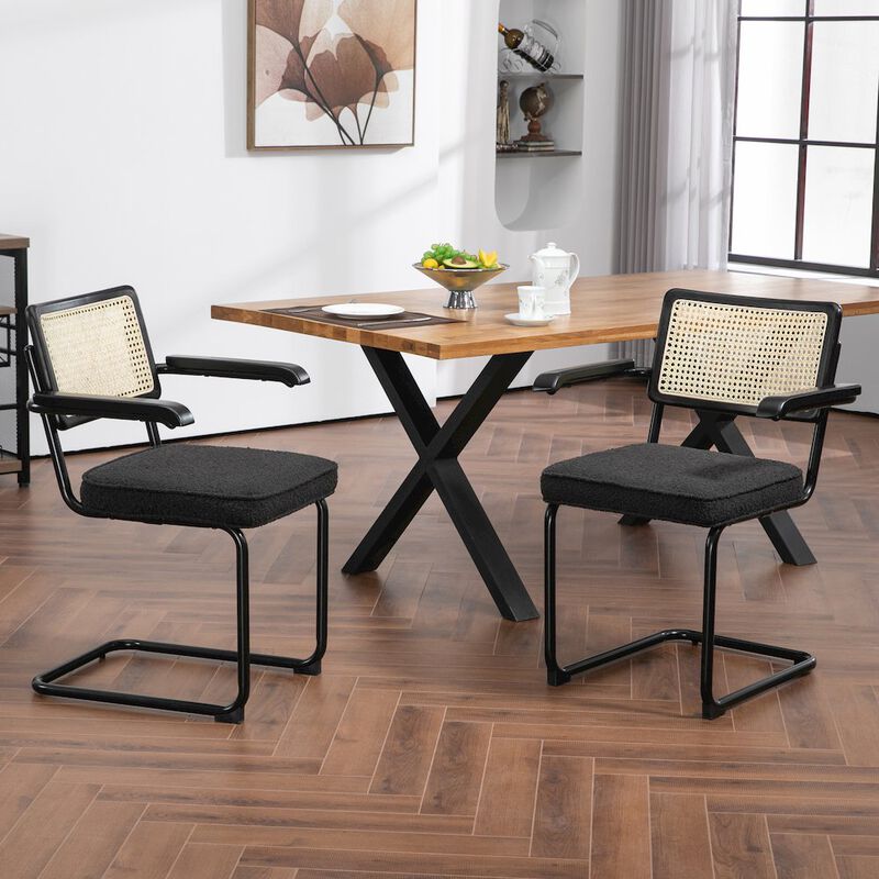 Glamour Home Set of 2 Black Boucle Fabric Dining Chair Rattan Backrest and Black Iron Legs