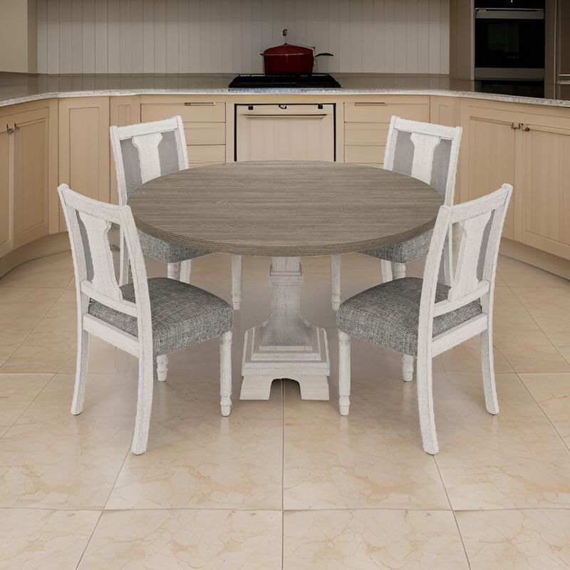 Sane 5pc Dining Table and Chair Set, Fiddleback, Round Top, Gray, White - Benzara