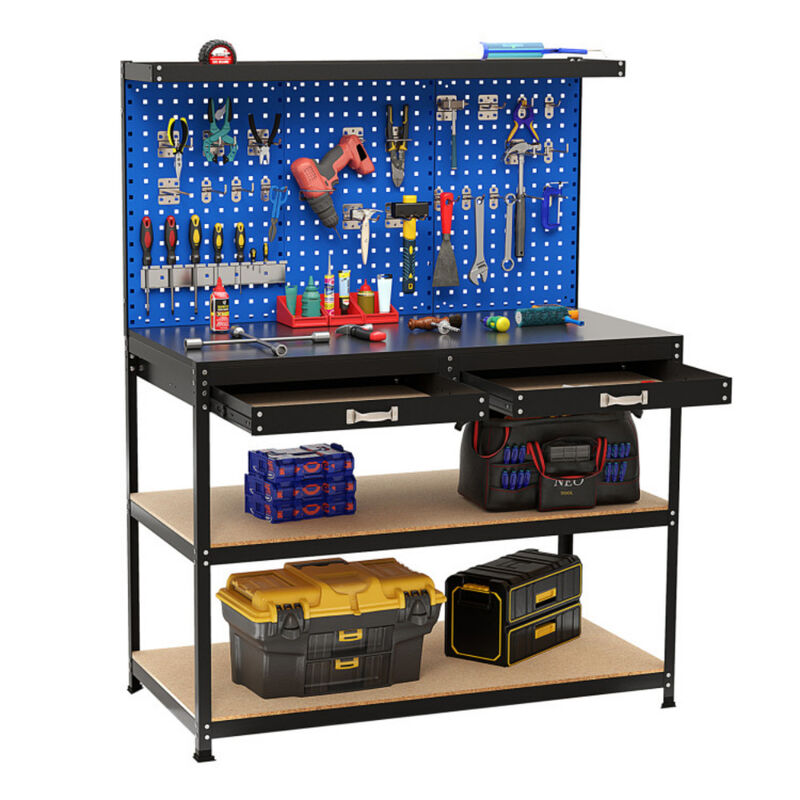 Workbench Work Table with 3 PCs Pegboard Drawer and Shelves