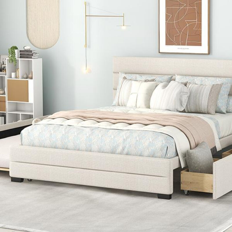 Platform Bed with Upholstered Headboard Trundle and Two Drawers
