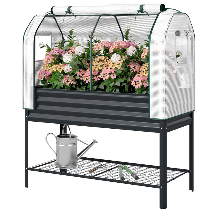 Hivvago Metal Raised Planter with Greenhouse Cover and Shelf