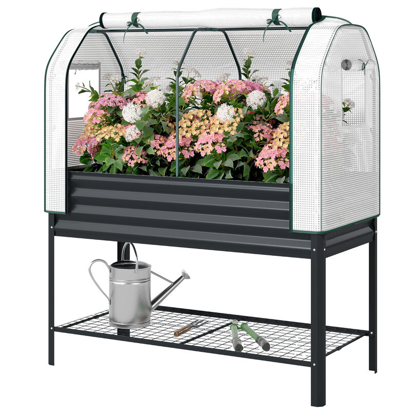 Hivvago Metal Raised Planter with Greenhouse Cover and Shelf image number 0
