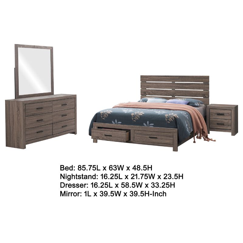 Sili 4pc Queen Storage Bedroom Set, Oak Brown and Dark Bronze
