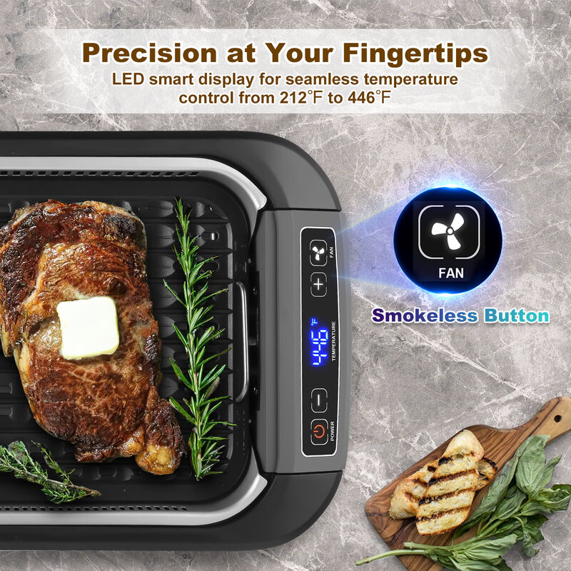 Cusimax 1500W Smokeless Indoor Grill, Electric Grill with Non-stick Removable Grill Plate, BBQ Grill with LED Smart Display & Tempered Glass Lid image number 3