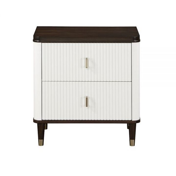 Aren 27 Inch Nightstand, 2 Drawers, USB Charger, Solid Wood, White, Brown - Benzara