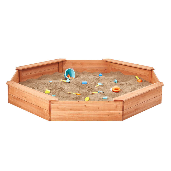 Kids Wooden Sandbox with Cover, Octagonal Sand Pit with 4 Seats & Bottom Liner