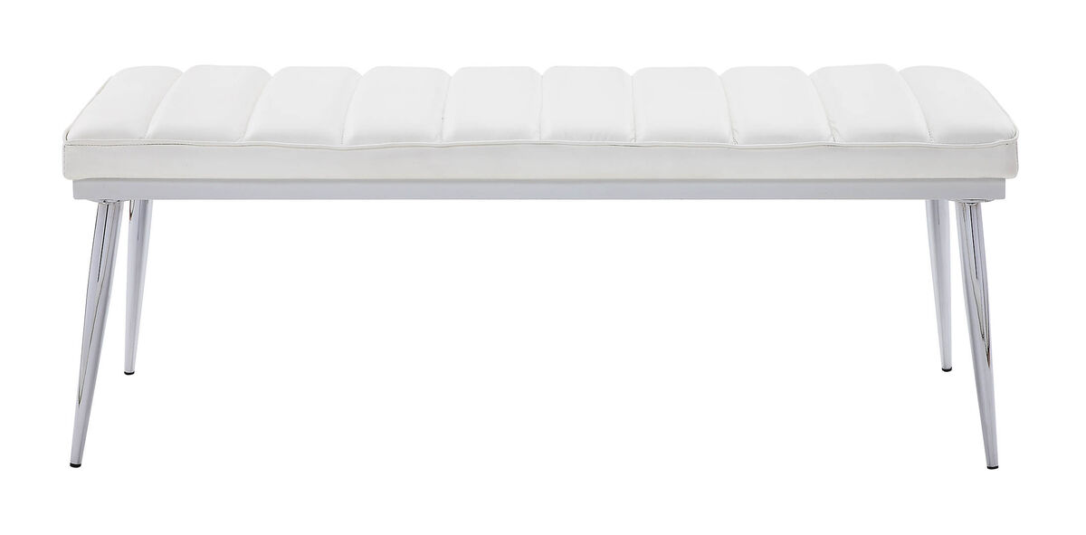 Metal and Faux Leather Bench with Vertical Chanel Tufts, White and Chrome-Benzara