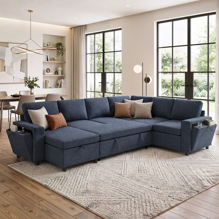 Merax Large U-Shape Sectional Sofa with Pull-Out Bed, Hidden Storage Compartments