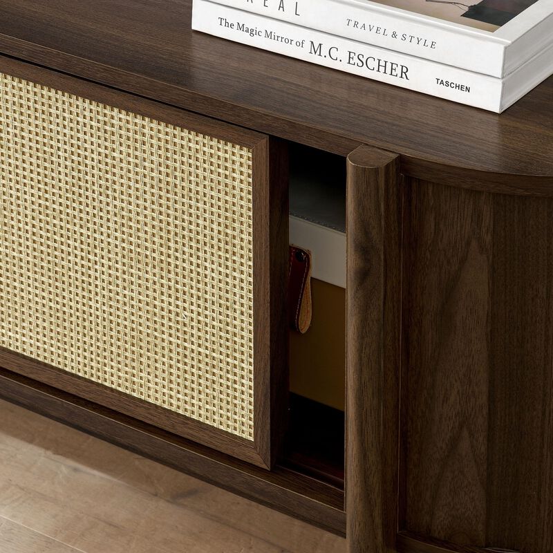 Modway Reid 61 Inch TV Stand in Walnut - Curved Oval Media Console with Rattan Sliding Doors and Open Shelves - Mid-Century Modern Entertainment Center for Flat Screen TVs up to 68&rdquo; image number 4