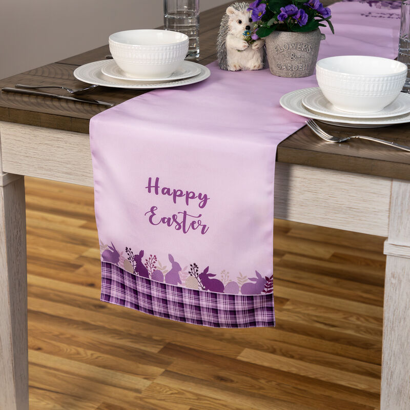 72" Pastel Purple "Happy Easter" Plaid Table Runner image number 1