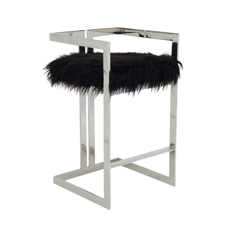 Suki 30 Inch Barstool Chair, Cushioned Black Faux Fur, Silver Cantilever - Benzara