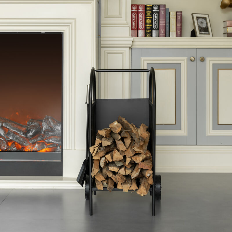 Indoor and Outdoor Patio Iron Firewood Log Cart with Wheels and Fireplace Tool Set, Black