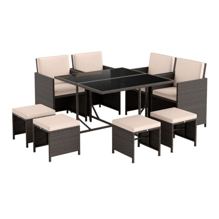 Hivvago 9 Piece Patio Dining Set with Tempered Glass Table and Ottoman