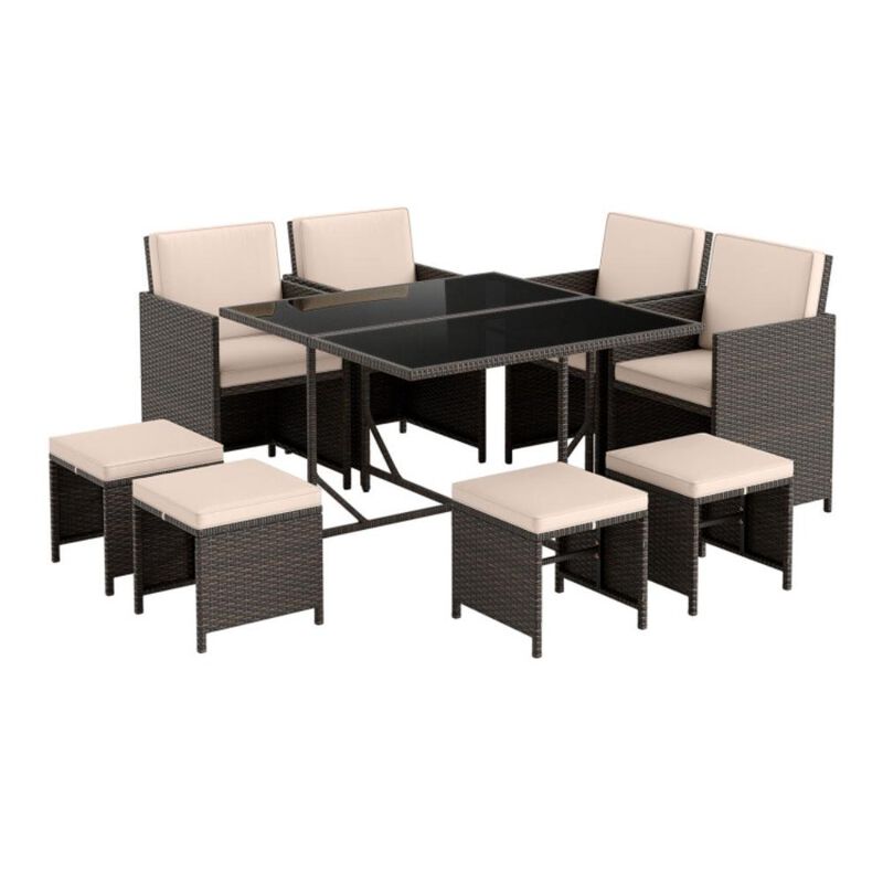 Hivvago 9 Piece Patio Dining Set with Tempered Glass Table and Ottoman