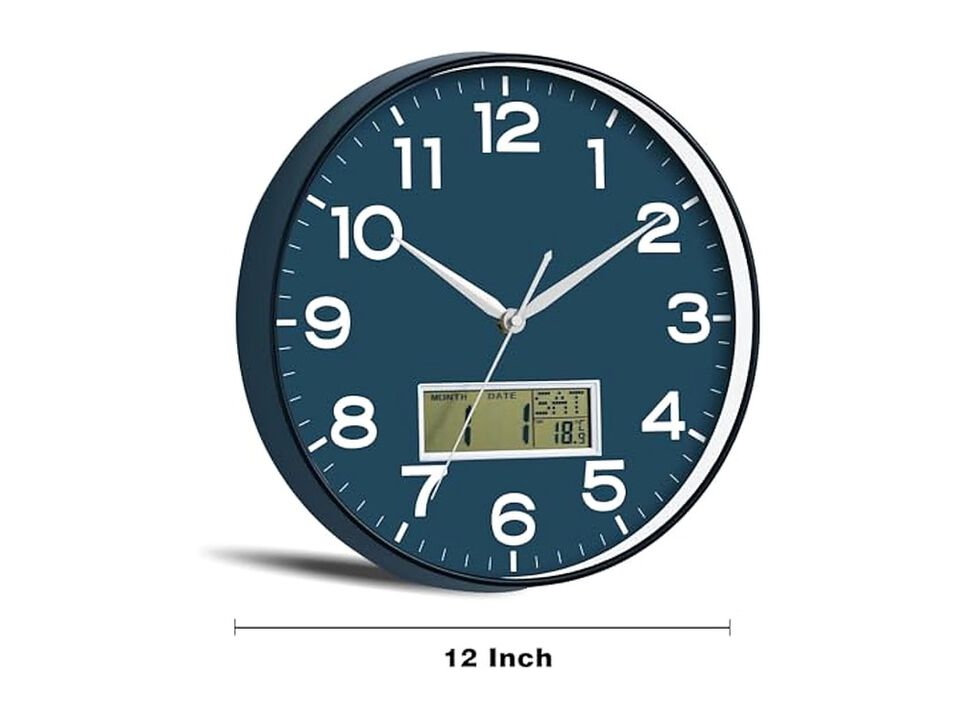 LCD Display Perpetual Calendar Temperature Wall Clock 12 Inch Silent Non Ticking