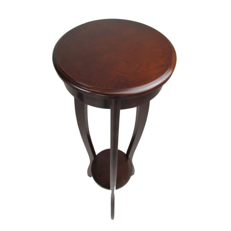 Round Pedestal Stand with Open Bottom Shelf and Flared Legs, Brown - Benzara