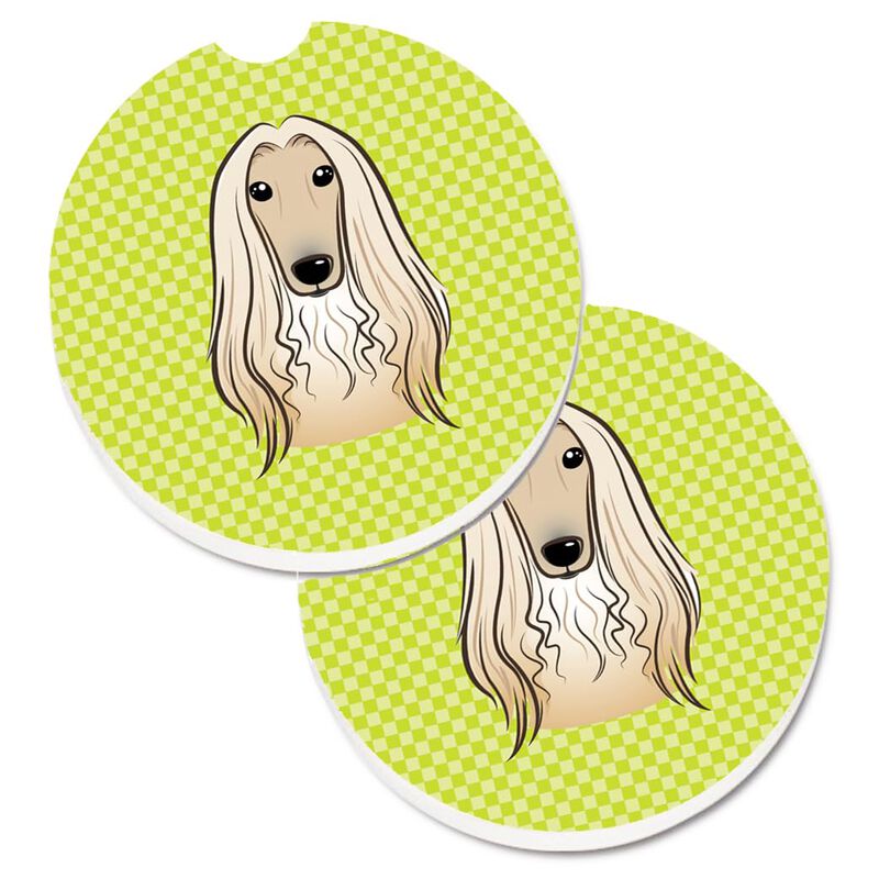 Caroline's Treasures Checkerboard Lime green Afghan Hound Set of 2 Cup Holder Car Coasters BB1306CARC, 2.56, Multicolor