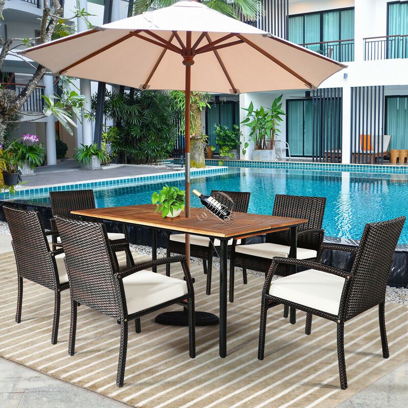 7Pcs Patio Rattan Cushioned Dining Set with Umbrella Hole image number 3