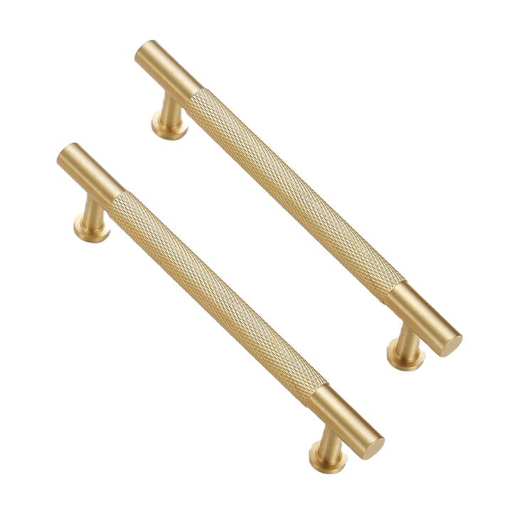 Urnew - Solid Brass Cabinet Handles 5 Pack, Brushed Gold Dresser Drawer Pulls, 5 Inch Kitchen Cabinet Hardware, Furniture Pulls