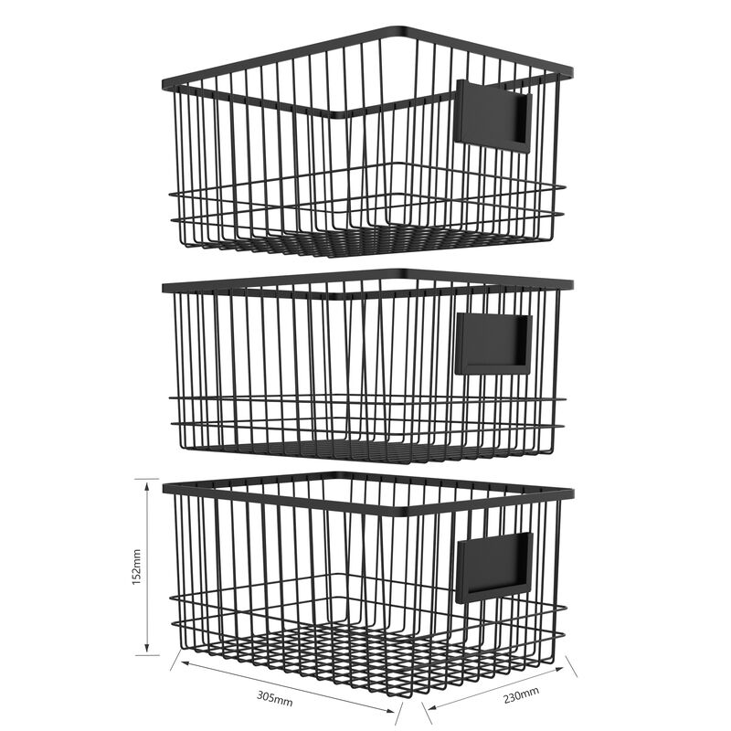 Oceanstar Metal Wire Organizer Bin Basket with Card Holder, Set of 3, Black