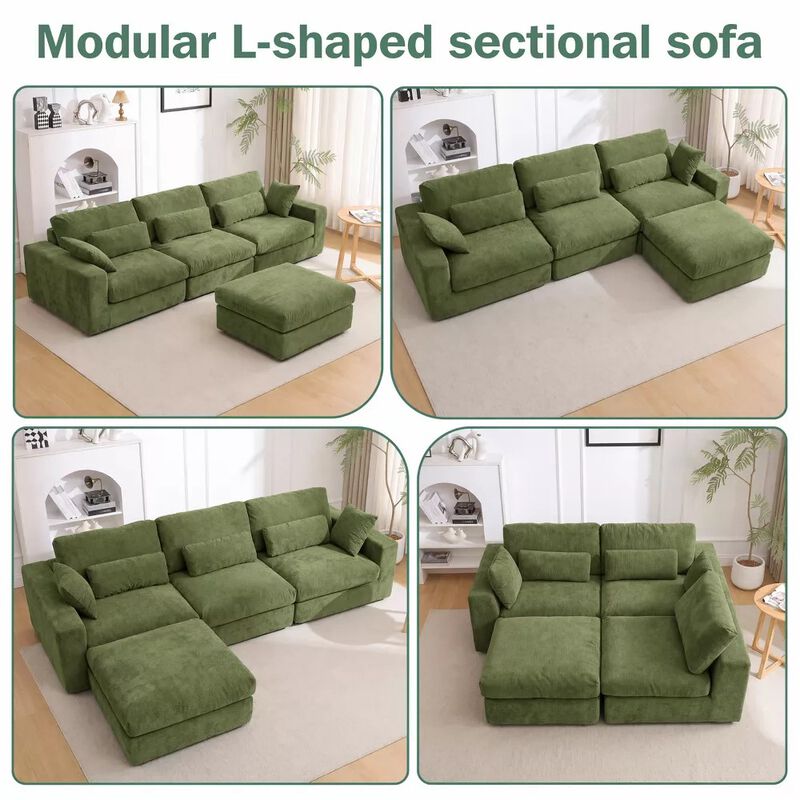 Vipbear 122 Inch L Shaped Chenille Modular Cloud Sectional Sofa with Movable Ottoman, Living Room image number 6