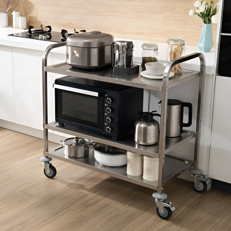 3-Tier Wire Utility Cart with Wheels, 450 lb Capacity, Curved Handle and 6 Hooks