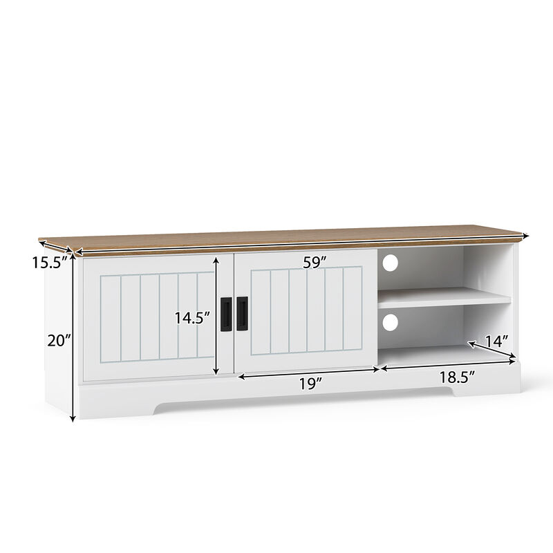Farmhouse TV Stand with Sliding Doors and Cabinets for Media Storage-White image number 2