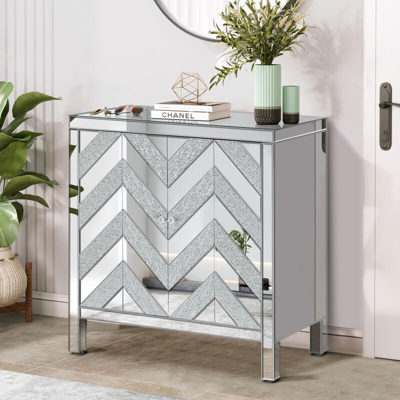 Storage Cabinet with Mirror Trim and M Shaped Design, Silver, for Living Room, Dining Room, Entryway, Kitchen