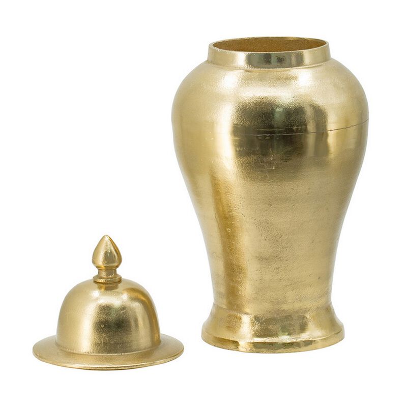 21 Inch Lidded Vase Urn, Finial Accent, Brilliant Gold Aluminum Finish - Benzara