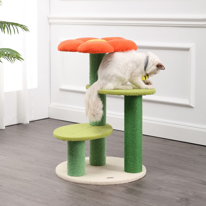 Poppy 29" 3-Tier Modern Jute Flower Cat Tree with Dangling Toy, Orange/Green