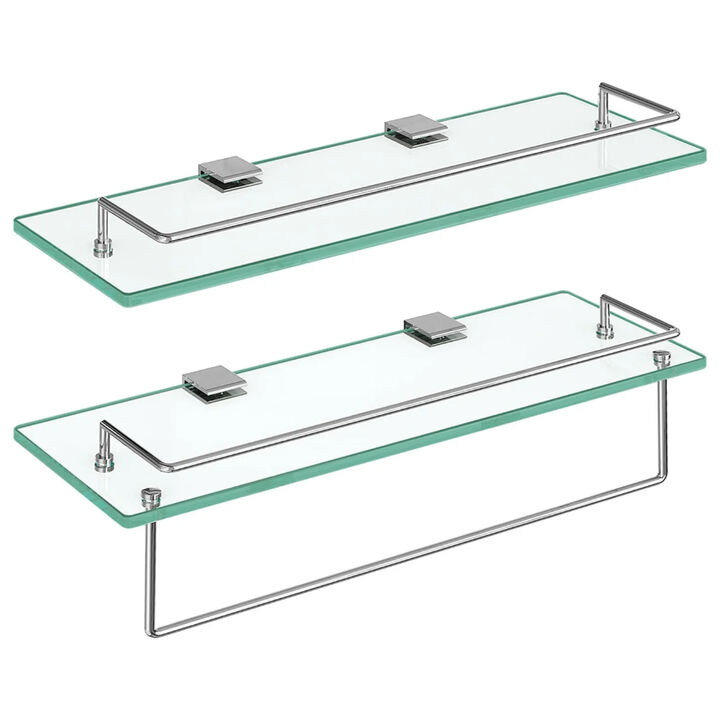 Wall-Mounted Glass Shelves Set of 2 with Durable Stainless Steel Frame-Silver