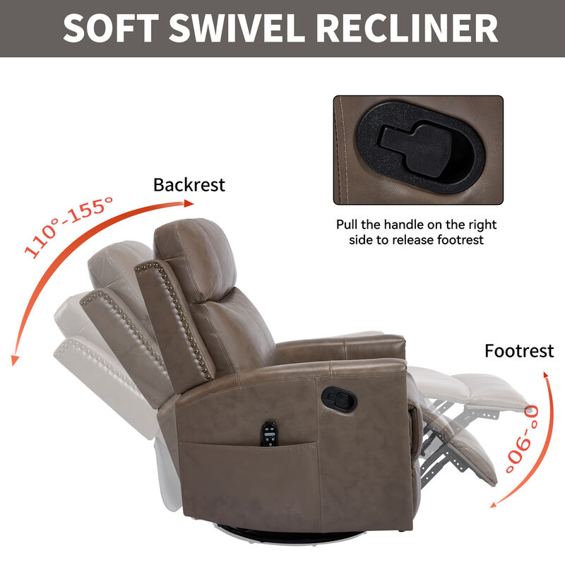 Gnuine Leather Heat Massage Manual Recliner Chair with Rocker and Swivel image number 6