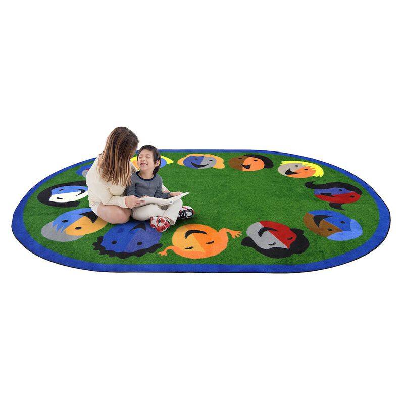 Joy Carpets Kid Essentials Joyful Faces 5'4 x 7'8 Oval Area Rug in Color Green