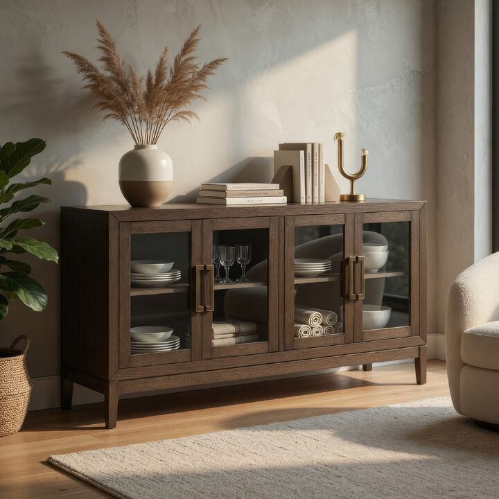 60 Inch Sideboard Display Server, 2 Glass Double Door Cabinets, Dark Brown
