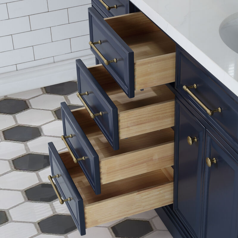 Palace 60 In. Double Sink Carrara Quartz Countertop Bath Vanity in Monarch Blue with Satin Gold Hardware